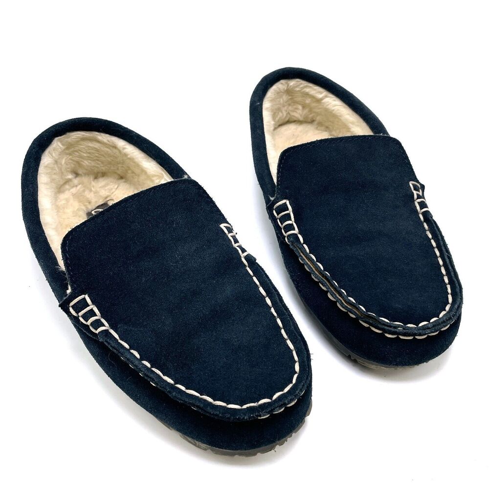 CLARKS Mens Blue Suede Moccasin Slippers Sz 10M  Indoor Outdoor Plush Faux Fur